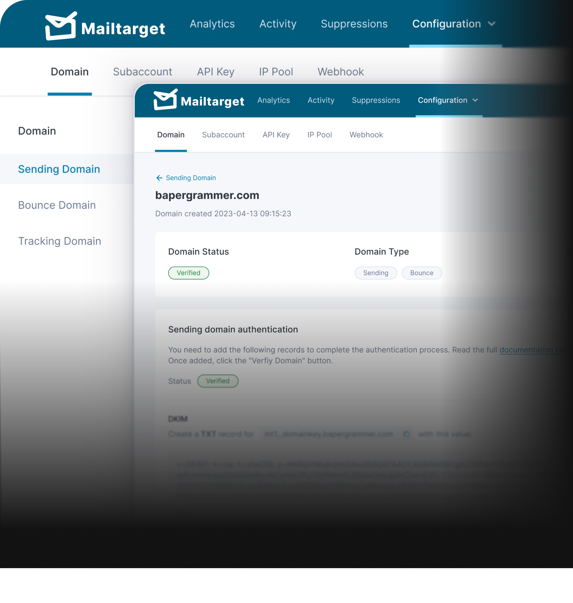 Mailtarget Domain Configuration showing sending domain setup and authentication
