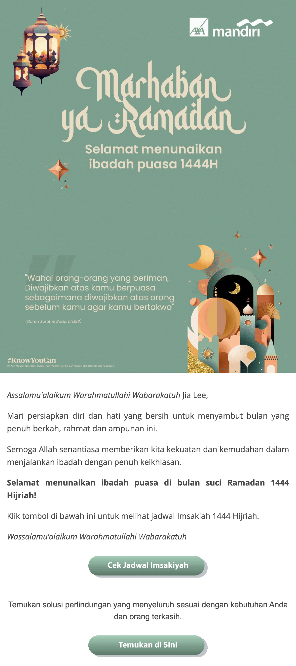 Greetings AXA Mandiri sebagai use case email marketing bulan Ramadan