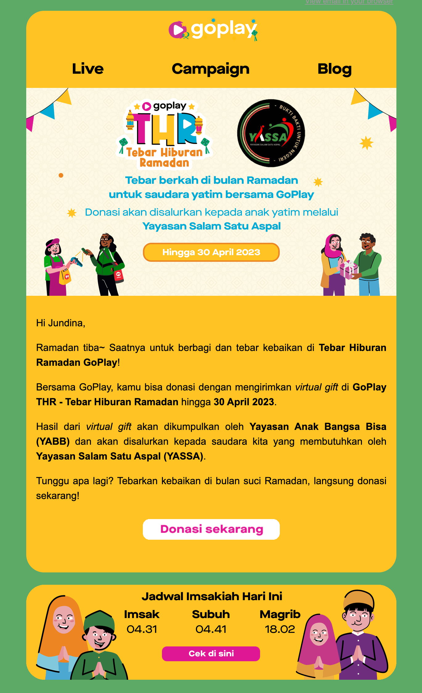 Donasi melalu GoPlay sebagai use case email marketing bulan Ramadan